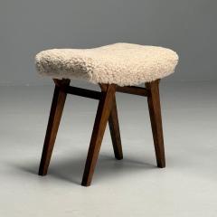 Italian Mid Century Modern Rustic Stools Beige Shearling Stained Wood 1950s - 3871307