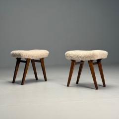 Italian Mid Century Modern Rustic Stools Beige Shearling Stained Wood 1950s - 3871308