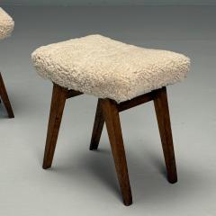 Italian Mid Century Modern Rustic Stools Beige Shearling Stained Wood 1950s - 3871309