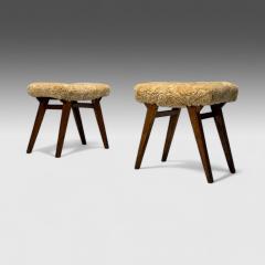 Italian Mid Century Modern Rustic Stools Honey Shearling Stained Wood 1950s - 3965131