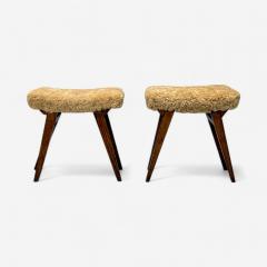 Italian Mid Century Modern Rustic Stools Honey Shearling Stained Wood 1950s - 3965132