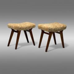 Italian Mid Century Modern Rustic Stools Honey Shearling Stained Wood 1950s - 3965134