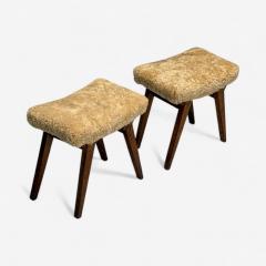 Italian Mid Century Modern Rustic Stools Honey Shearling Stained Wood 1950s - 3965135