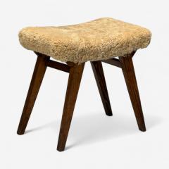 Italian Mid Century Modern Rustic Stools Honey Shearling Stained Wood 1950s - 3965136