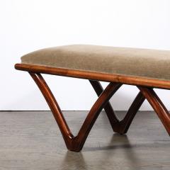 Italian Mid Century Modern Sculptural Graphic Walnut Taupe Mohair Bench - 4550634