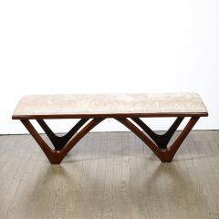 Italian Mid Century Modern Sculptural Graphic Walnut Taupe Velvet Bench - 2431297