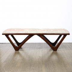 Italian Mid Century Modern Sculptural Graphic Walnut Taupe Velvet Bench - 2431302