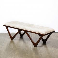 Italian Mid Century Modern Sculptural Graphic Walnut Taupe Velvet Bench - 2431311