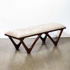 Italian Mid Century Modern Sculptural Graphic Walnut Taupe Velvet Bench - 2431314