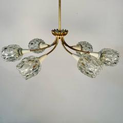 Italian Mid Century Modern Six Light Brass Pendant Chandelier Textured Glass - 3258211