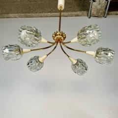 Italian Mid Century Modern Six Light Brass Pendant Chandelier Textured Glass - 3258212