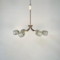 Italian Mid Century Modern Six Light Brass Pendant Chandelier Textured Glass - 3258216