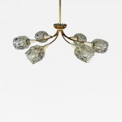 Italian Mid Century Modern Six Light Brass Pendant Chandelier Textured Glass - 3280242