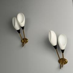 Italian Mid Century Modern Wall Sconces Brass Opaline Glass Italy 1950s - 3852702