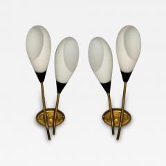 Italian Mid Century Modern Wall Sconces Brass Opaline Glass Italy 1950s - 3855480