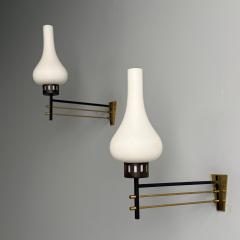 Italian Mid Century Modern Wall Sconces Patinated Brass Opaline Glass 1950s - 3855421