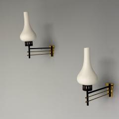 Italian Mid Century Modern Wall Sconces Patinated Brass Opaline Glass 1950s - 3855423