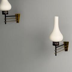 Italian Mid Century Modern Wall Sconces Patinated Brass Opaline Glass 1950s - 3855424