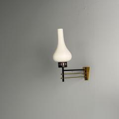 Italian Mid Century Modern Wall Sconces Patinated Brass Opaline Glass 1950s - 3855426