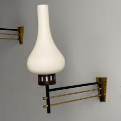 Italian Mid Century Modern Wall Sconces Patinated Brass Opaline Glass 1950s - 3855429