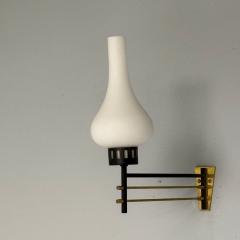 Italian Mid Century Modern Wall Sconces Patinated Brass Opaline Glass 1950s - 3855430