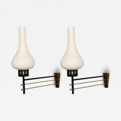 Italian Mid Century Modern Wall Sconces Patinated Brass Opaline Glass 1950s - 3855812