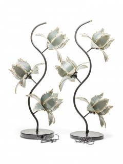 Italian Mid Century Smoked Glass And Brass Lotus Flower Table Lamps - 3171131