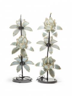 Italian Mid Century Smoked Glass And Brass Lotus Flower Table Lamps - 3171132