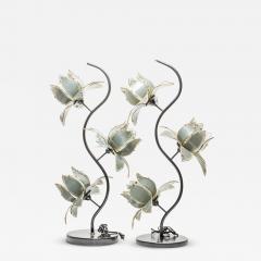Italian Mid Century Smoked Glass And Brass Lotus Flower Table Lamps - 3179154