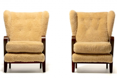 Italian Mid Century Wingback Chairs in Hand Sewn Champagne Shearling c 1960 - 2843360