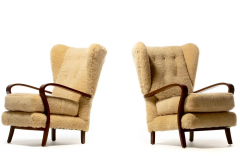 Italian Mid Century Wingback Chairs in Hand Sewn Champagne Shearling c 1960 - 2843369