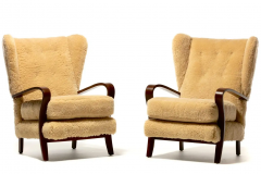 Italian Mid Century Wingback Chairs in Hand Sewn Champagne Shearling c 1960 - 2843372