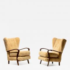 Italian Mid Century Wingback Chairs in Hand Sewn Champagne Shearling c 1960 - 2845982