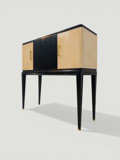 Italian Midcentury Black Lacquered Parchment Cabinet Bar or Sideboard 1950s - 4620385