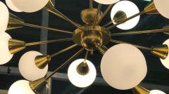 Italian Midcentury Brass and Opaline Murano Glass Large Sputnik Chandelier - 1489612