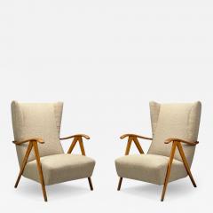 Italian Modern Beige Boucle Wood Sculptural Lounge Chairs Italy 1960s - 4363362