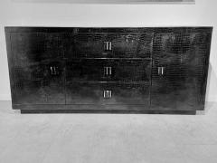 Italian Modern Black Lacquer Faux Crocodile Embossed Credenza Dresser - 4605835