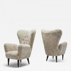 Italian Modern High Back Armchairs with Sheepskin Upholstery Italy 1960s - 4689712