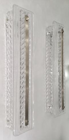 Italian Modern Pair Tall White Crystal Leaf Textured Murano Glass Nickel Sconces - 2864521