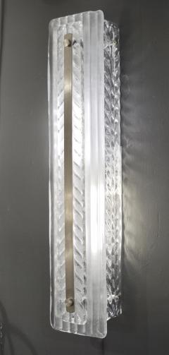 Italian Modern Pair Tall White Crystal Leaf Textured Murano Glass Nickel Sconces - 2864522