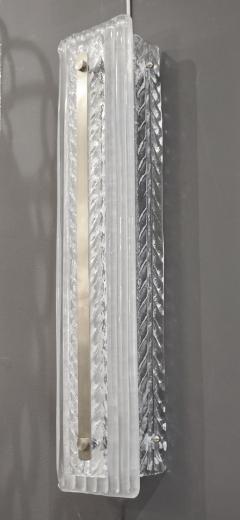 Italian Modern Pair Tall White Crystal Leaf Textured Murano Glass Nickel Sconces - 2864526