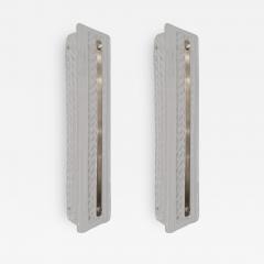 Italian Modern Pair Tall White Crystal Leaf Textured Murano Glass Nickel Sconces - 2868069