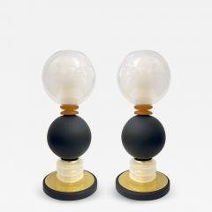 Italian Modern Pair of Art Deco Design Black White Gold Murano Glass Dome Lamps - 3383679