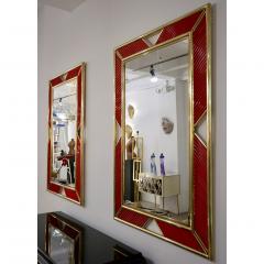 Italian Modern Pair of Brass Mirrors with Coral Red Murano Glass Baguettes - 343363