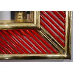 Italian Modern Pair of Brass Mirrors with Coral Red Murano Glass Baguettes - 343365