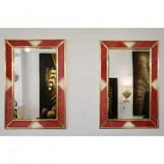 Italian Modern Pair of Brass Mirrors with Coral Red Murano Glass Baguettes - 343368