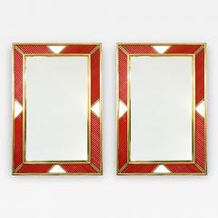 Italian Modern Pair of Brass Mirrors with Coral Red Murano Glass Baguettes - 343378