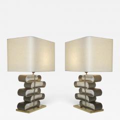 Italian Modern Pair of Brass and Bronze Murano Glass Architectural Table Lamps - 974939