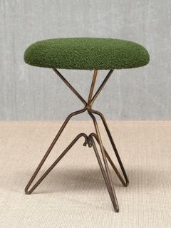 Italian Modern Pair of Sculptural Tripod Brass Stools in Green Boucl 1950s - 4587559