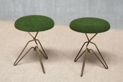 Italian Modern Pair of Sculptural Tripod Brass Stools in Green Boucl 1950s - 4587563
